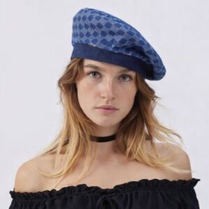 Rare-Checker Gingham Textured Blue Denim Newsboy Cap beret